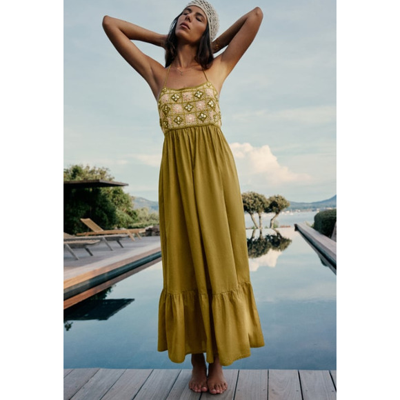 Zara Dresses & Skirts - ZARA Granny Square Crochet Dress Halter Ruffle Knit Beaded Midi Green NWT